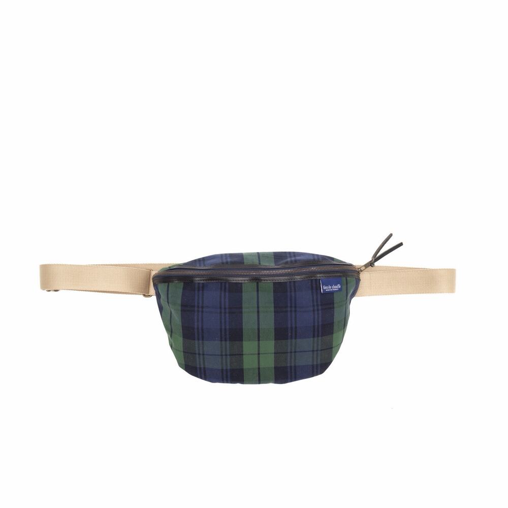 BLEU DE CHAUFFE New Beat XL Blue Green Tartan Canvas Leather Belt Bag France